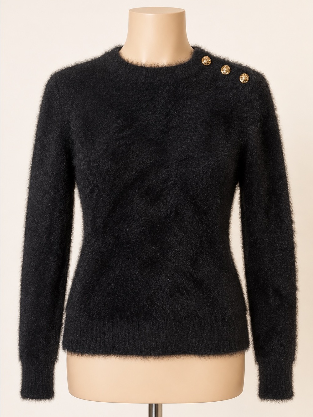 Banana Republic Black Fuzzy Crewneck Sweater with Gold Shoulder Buttons